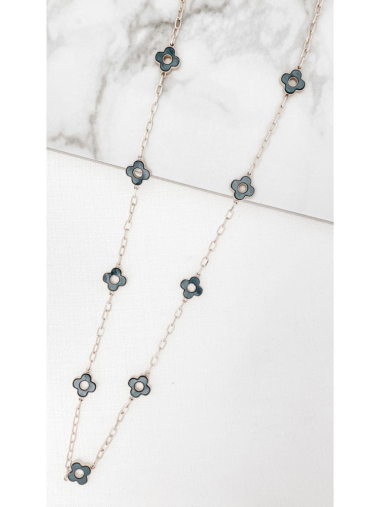 Envy Long Gold Necklace with Grey Clovers