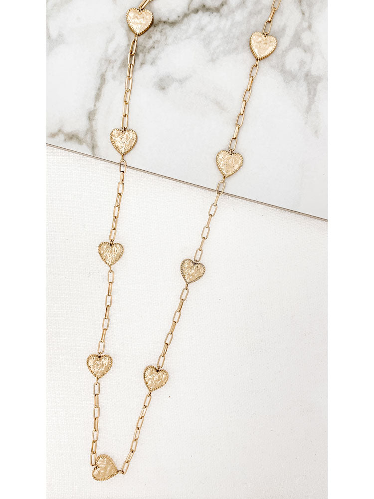 Envy Long Gold Necklace with Hammered Hearts