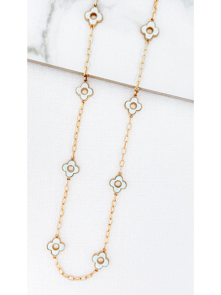 Envy Long Gold Necklace with Pale Blue Cut-Out Clovers
