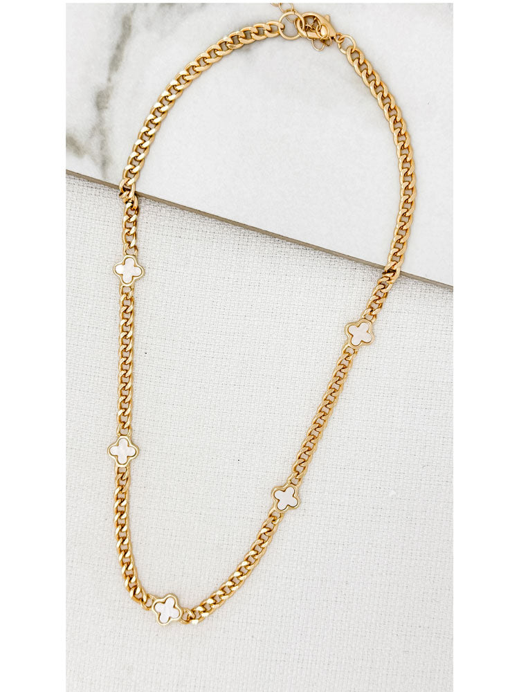 Envy Short Gold Curb Chain Necklace with Small Pale Pink Clovers