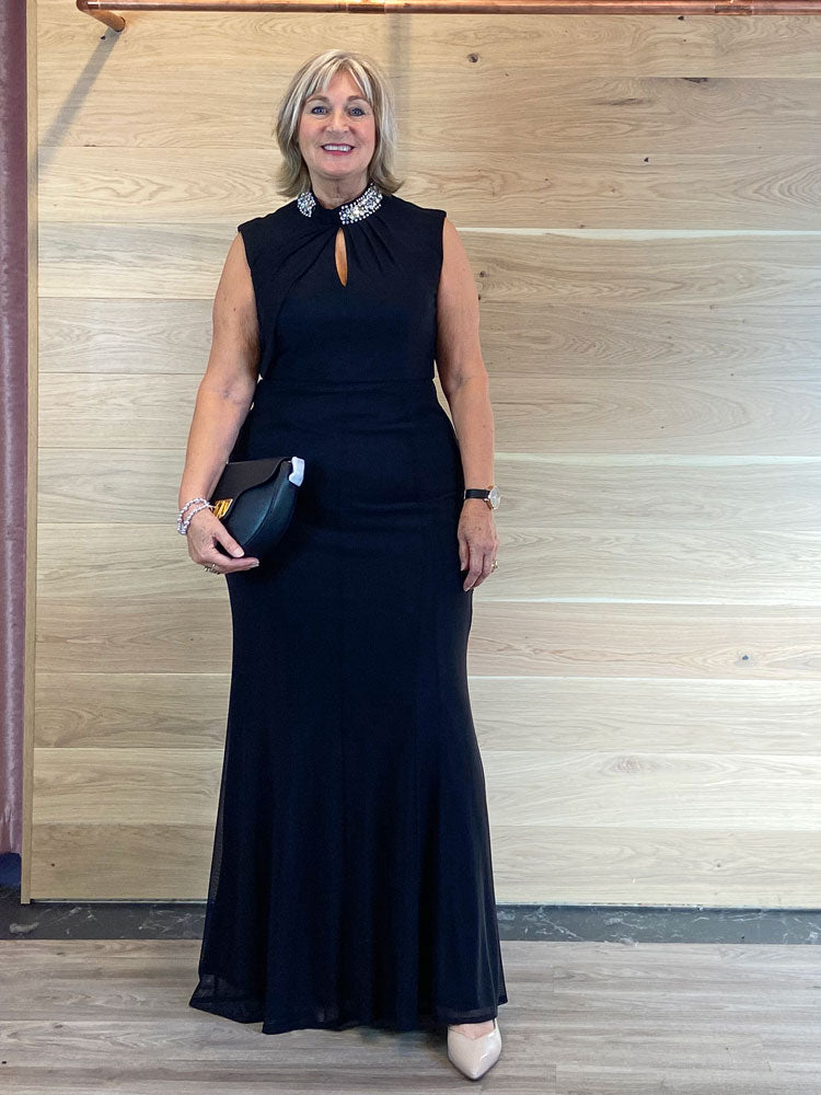Gina Bacconi Stretch Mesh Maxi Dress with Diamante Detail Black