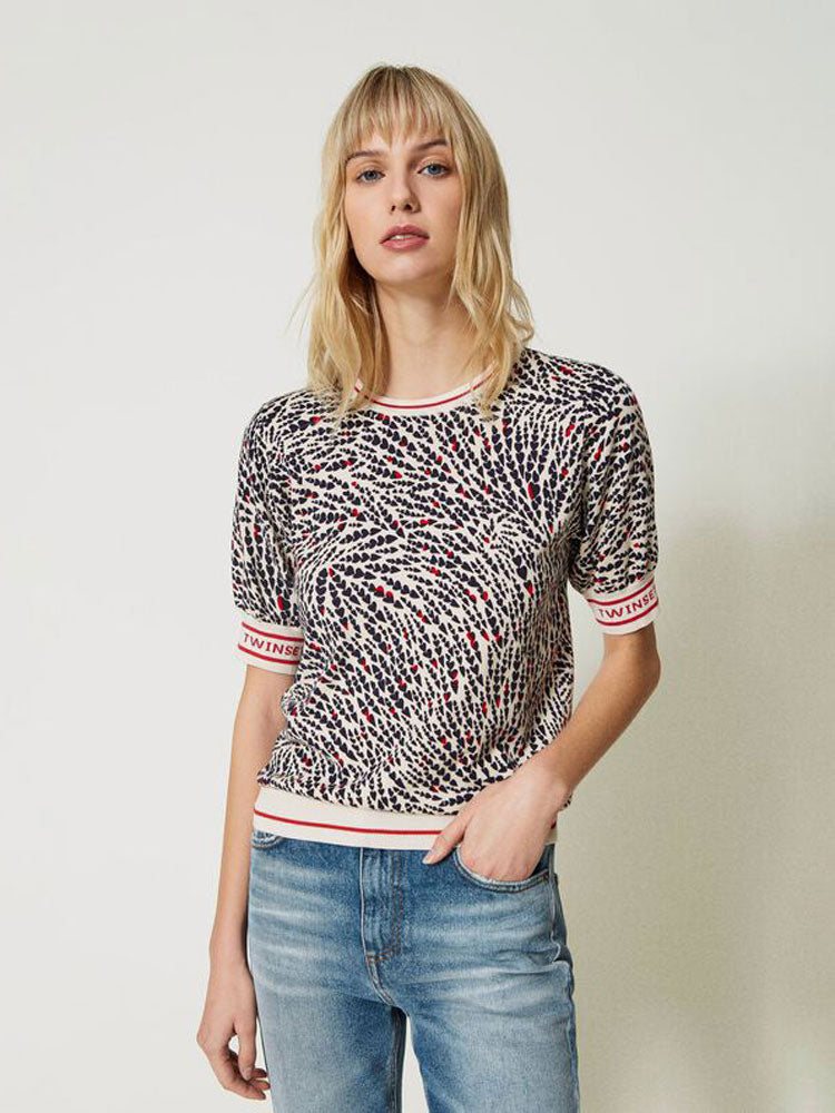 Twinset Printed Knitted Top with Jacquard Logo Cream