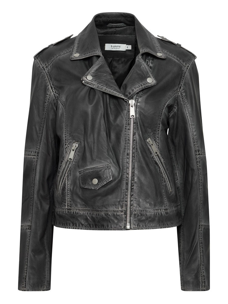 B Young ByDenno Leather Biker Jacket Grey