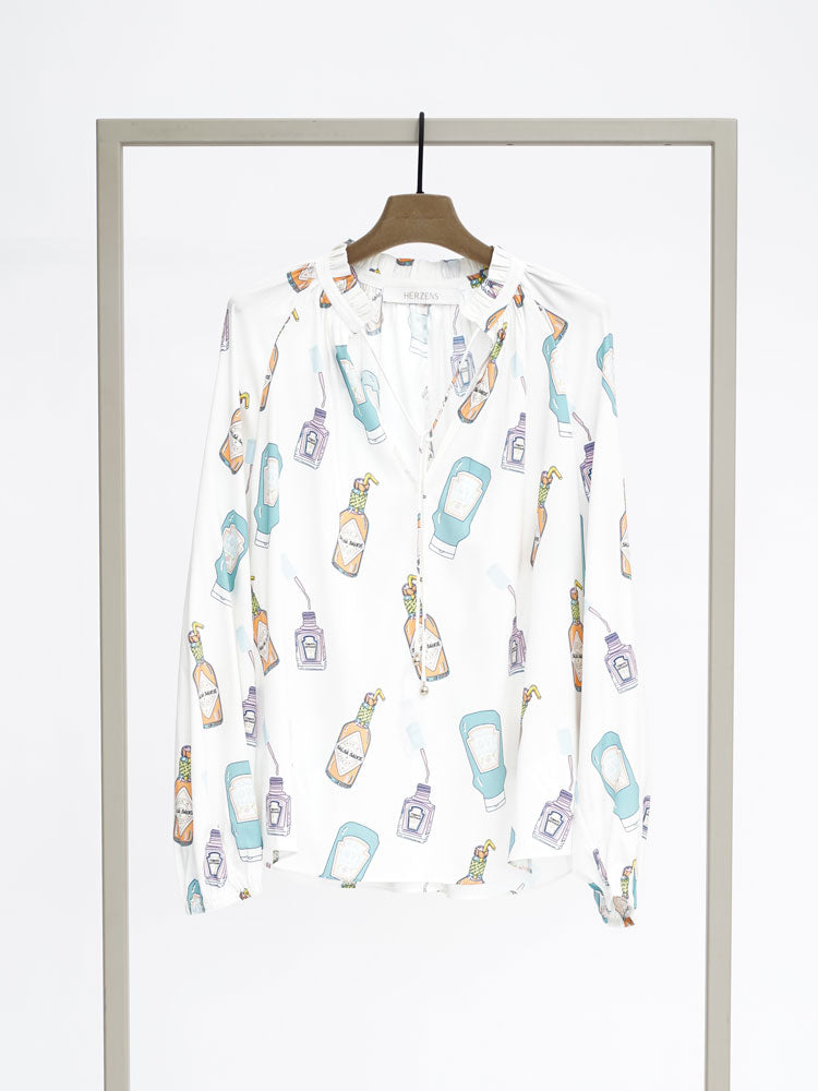 Herzens Silk Printed Bottle Blouse Aqua Multi