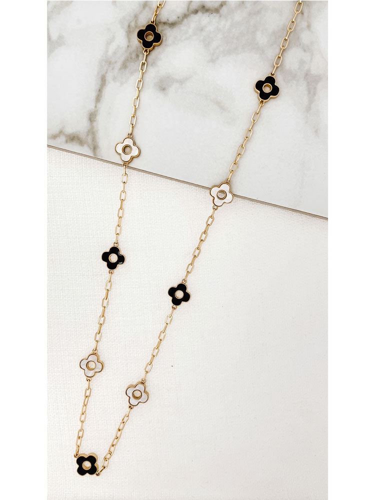 Envy Long Gold Necklace with Black &amp; White Clovers
