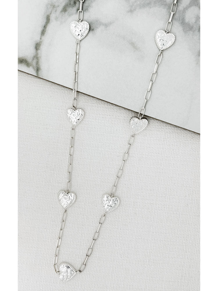 Envy Long Silver Necklace with Hammered Hearts