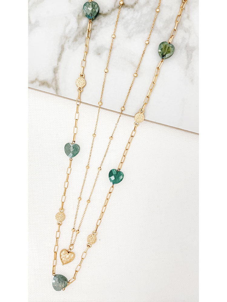 Envy Long Gold Double-Layer Necklace with Green Glass Hearts