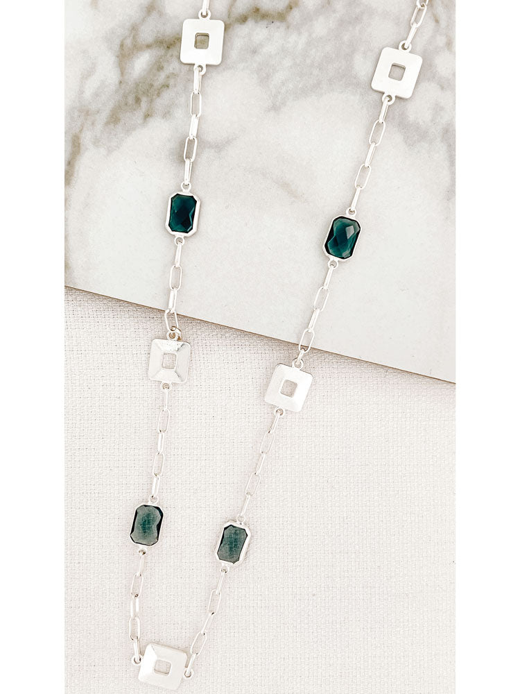 Envy Long Square &amp; Stone Necklace Silver