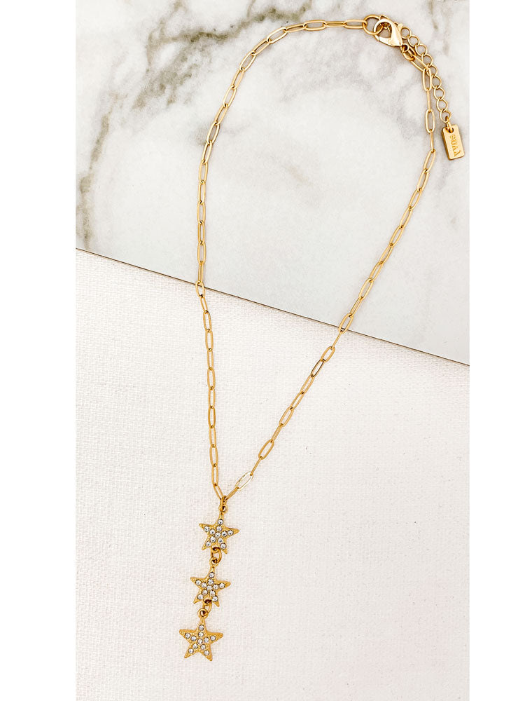 Envy Short Gold Link Necklace with a Drop Pendant of Diamante Stars