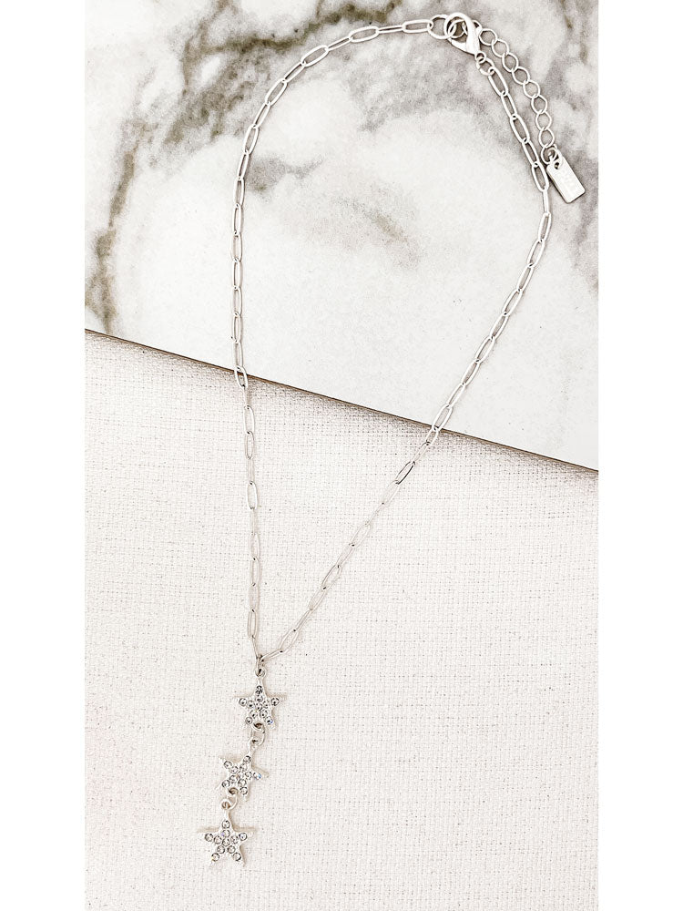 Envy Short Silver Link Necklace with a Drop Pendant of Diamante Stars