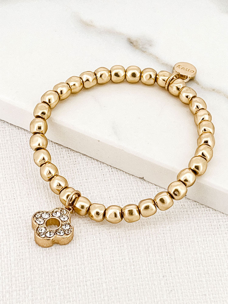 Envy Gold Beaded Bracelet with Diamante Clover