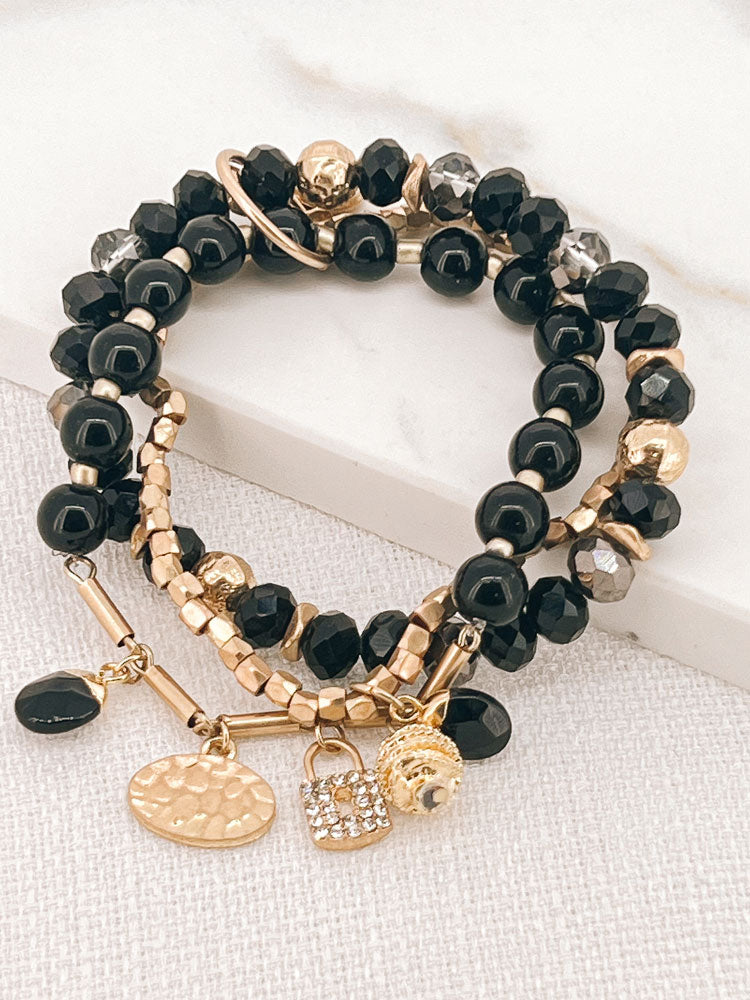 Envy Double-Layered Black Beaded Bracelet with Gold Hanging Charms
