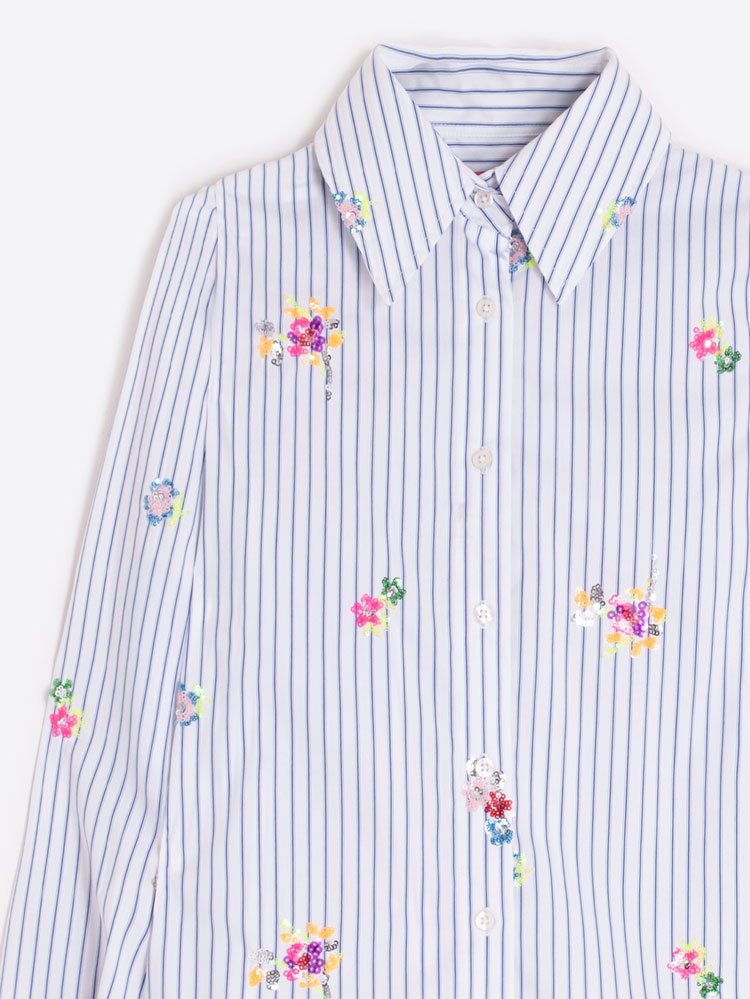 Vilagallo Stripe Shirt with Floral Detail White