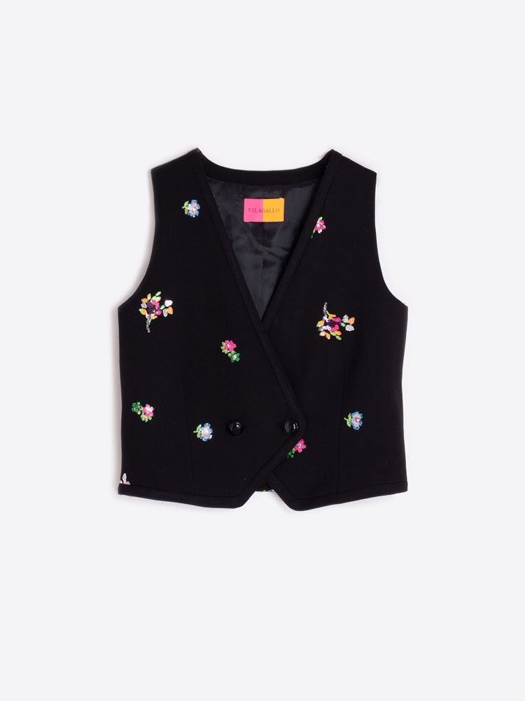 Vilagallo Floral Sequin Waistcoat Black