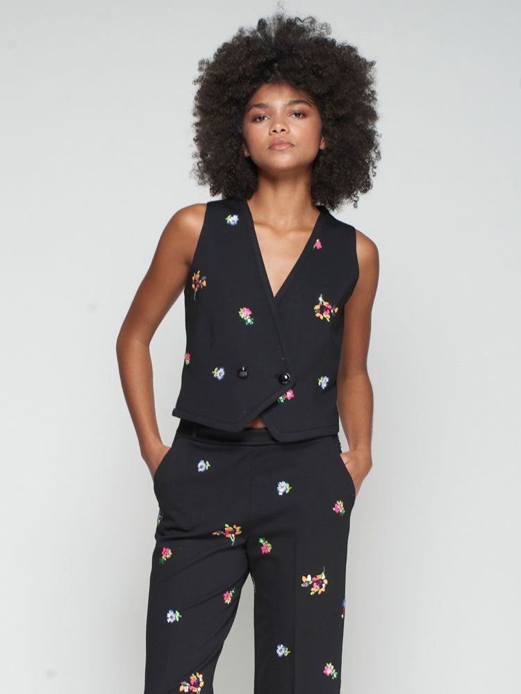 Vilagallo Floral Sequin Waistcoat Black