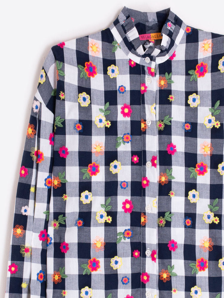 Vilagallo Navy Check Blouse with Floral Detail