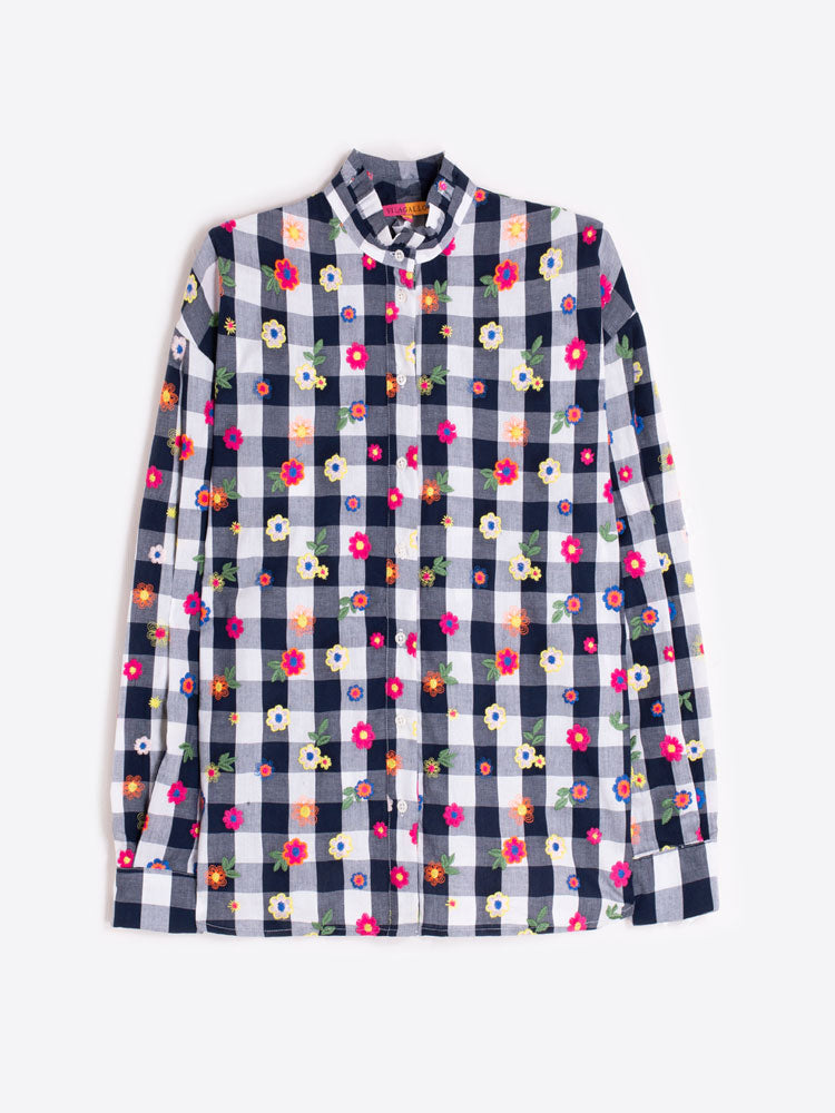Vilagallo Navy Check Blouse with Floral Detail