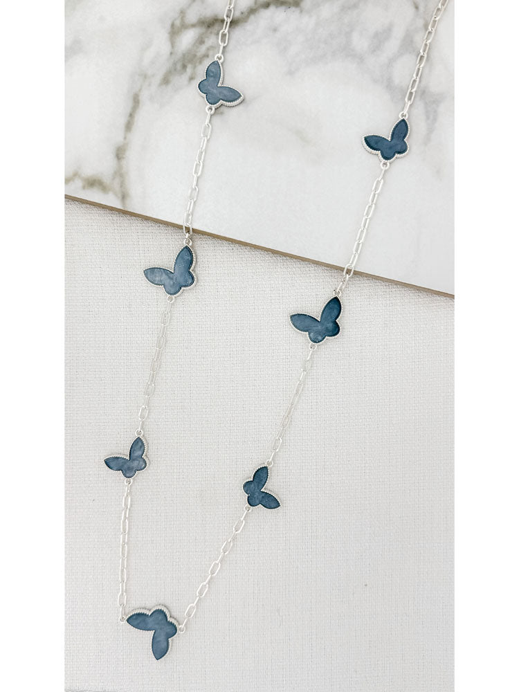 Envy Long Silver Necklace with Grey Butterflies