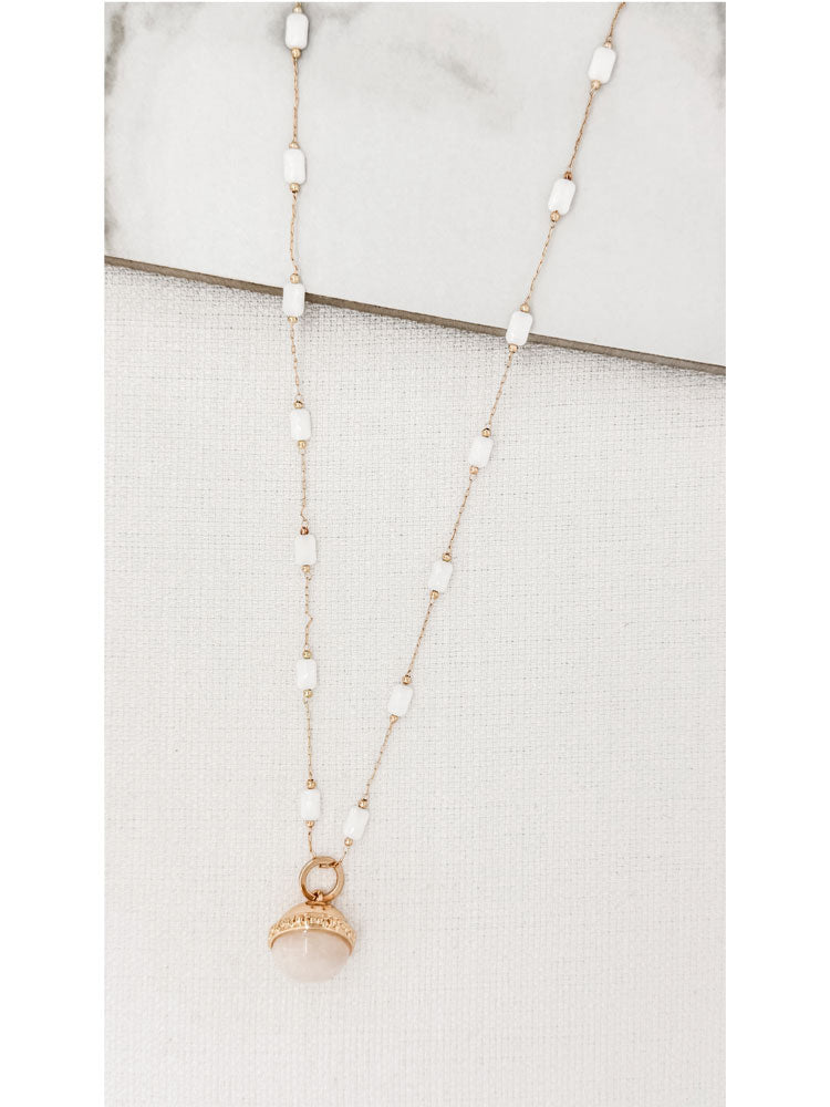 Envy Long Gold &amp; White Necklace with Pale Pink Stone Pendant