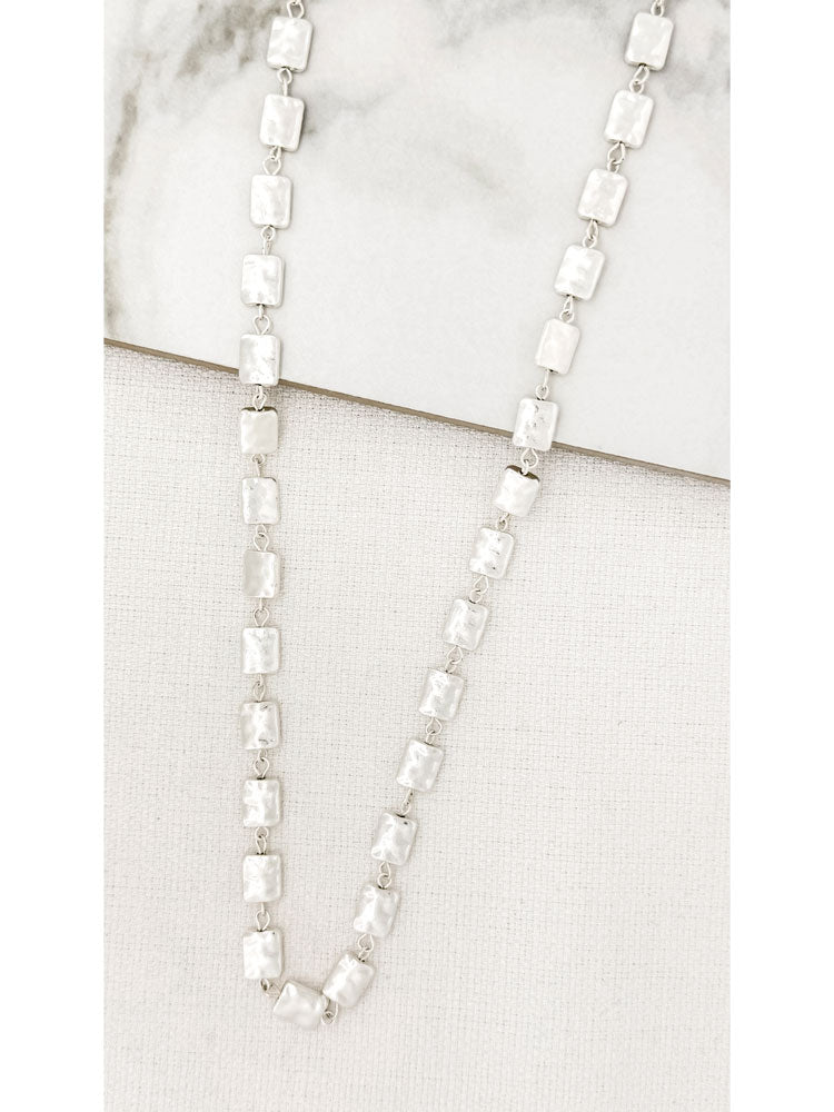 Envy Long Silver Necklace with Hammered Squares