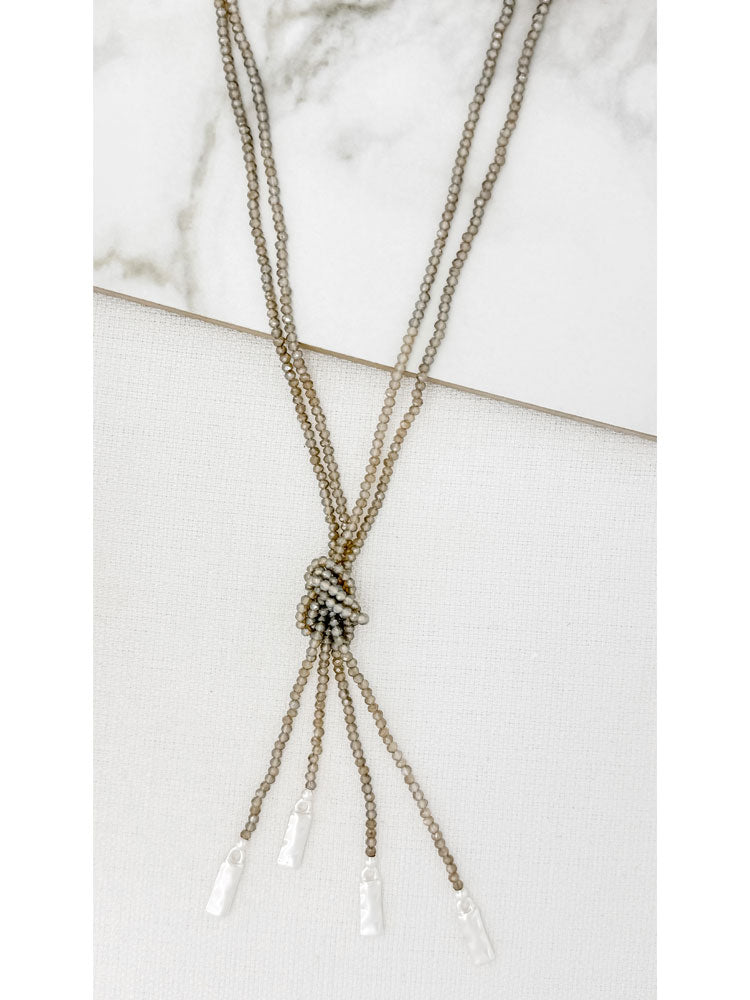 Envy Long Grey Beaded Necklace with Knot