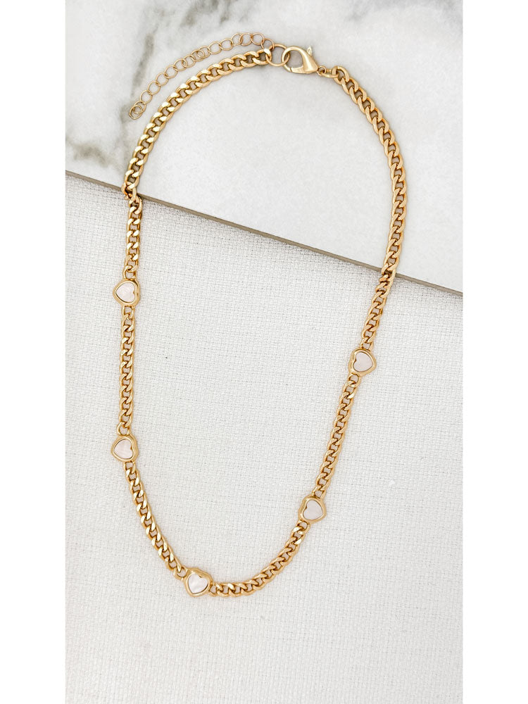 Envy Short Gold Curb Chain Necklace with Small Pale Pink Hearts