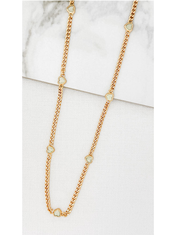 Envy Long Gold Curb Chain Necklace with Small Pale Green Hearts
