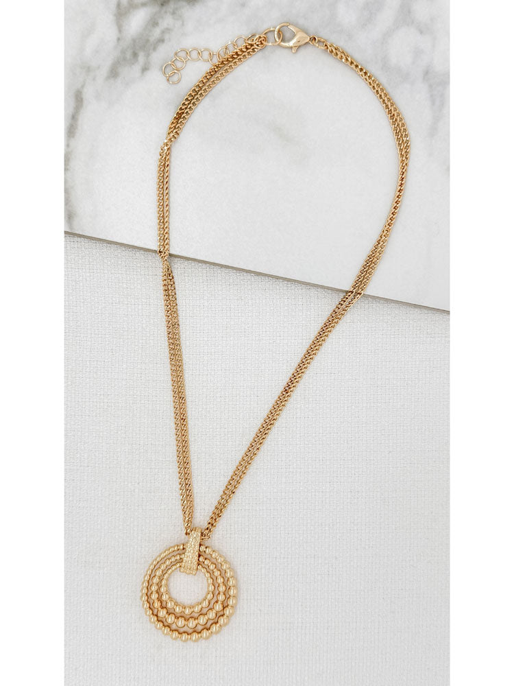 Envy Short Gold Double Chain Necklace with Beaded Circular Pendant