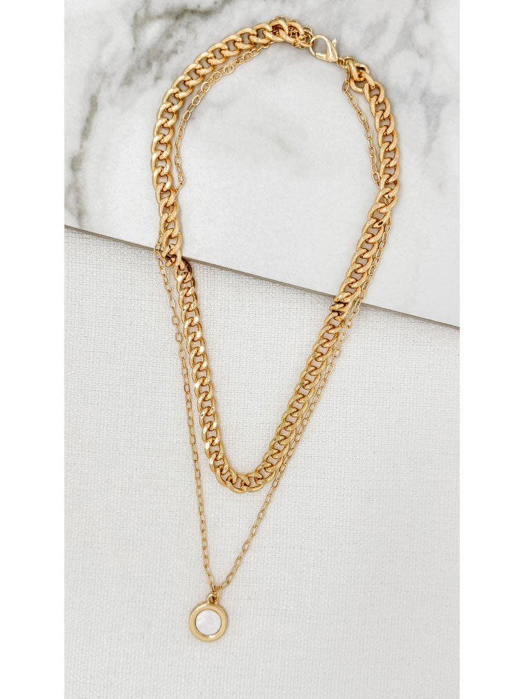 Envy Short Gold Two Chain Necklace with White Circle Pendant