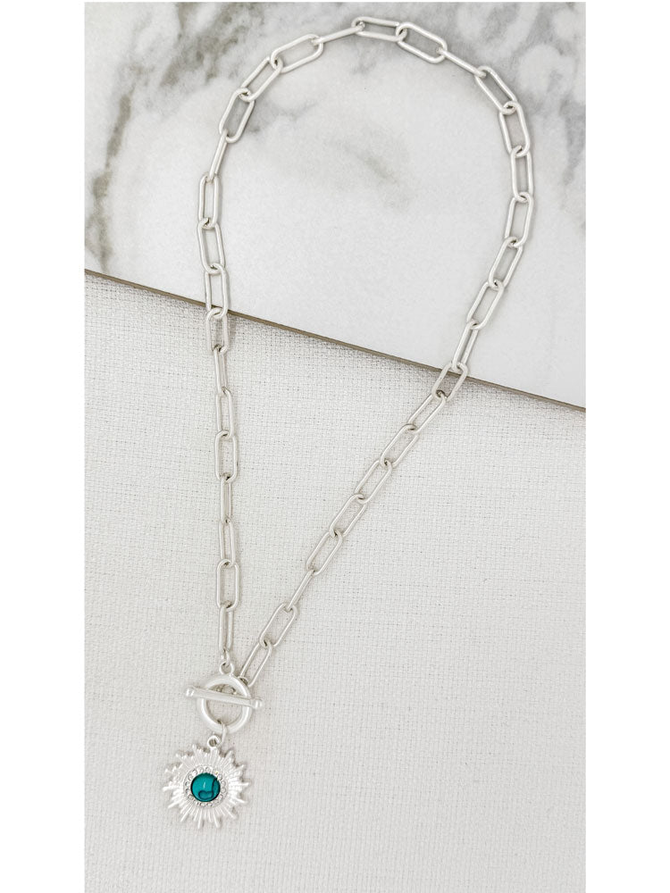 Envy Short Silver Necklace with Silver and Teal Sun Pendant