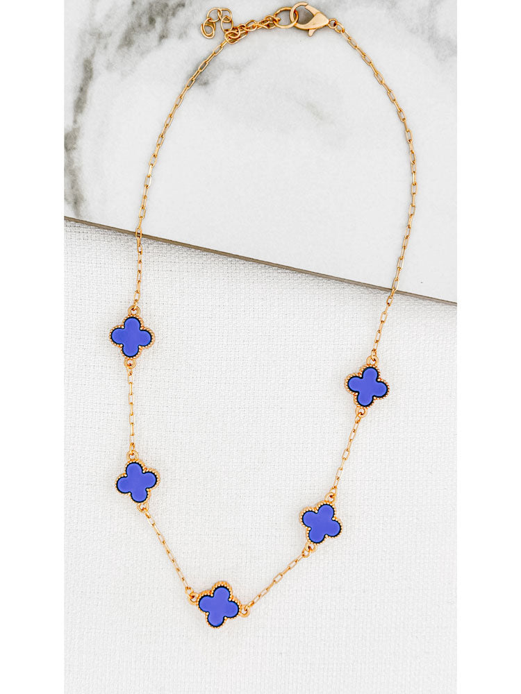 Envy Short Gold Necklace with Cobalt Blue Clovers