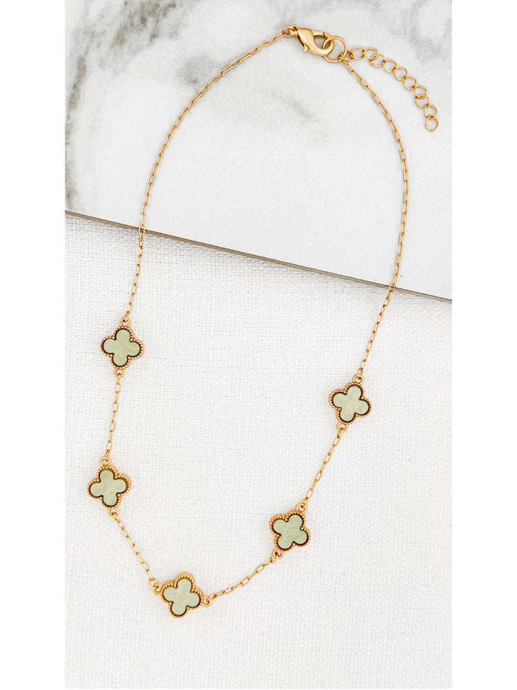 Envy Short Gold Necklace with Pale Green Clovers