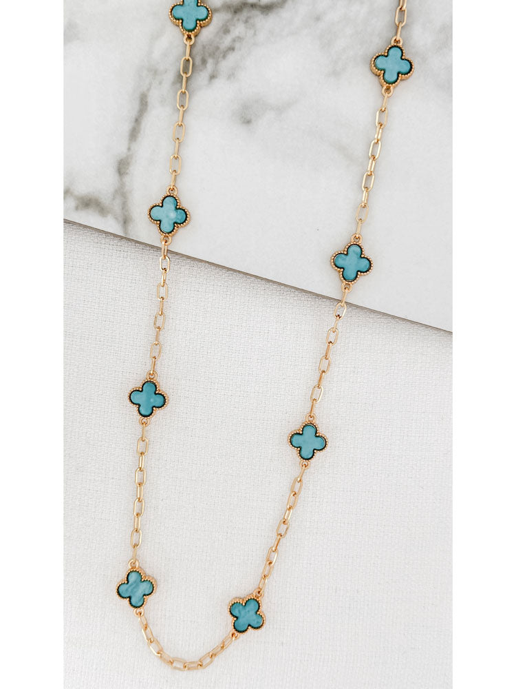 Envy Long Gold Necklace with Turquoise Clovers