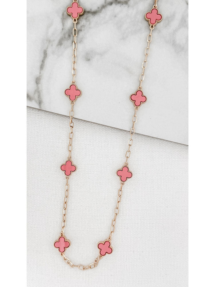 Envy Long Gold Necklace with Pink Clovers