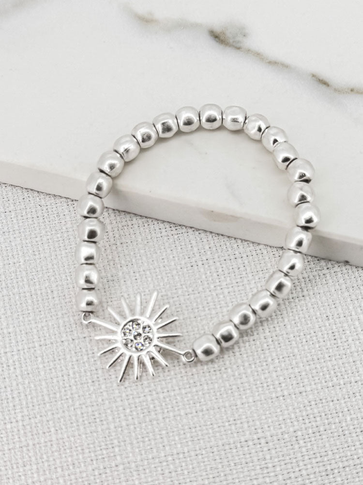 Envy Silver Beaded Bracelet with Silver Sun