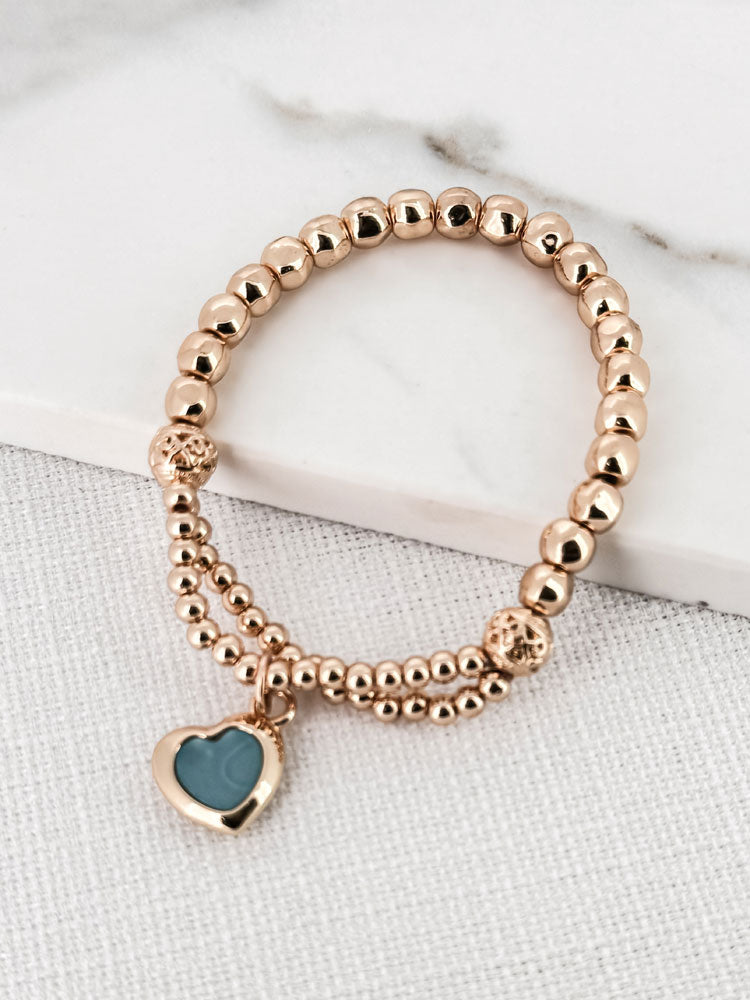 Envy Beaded Gold Bracelet with Teal Heart Charm