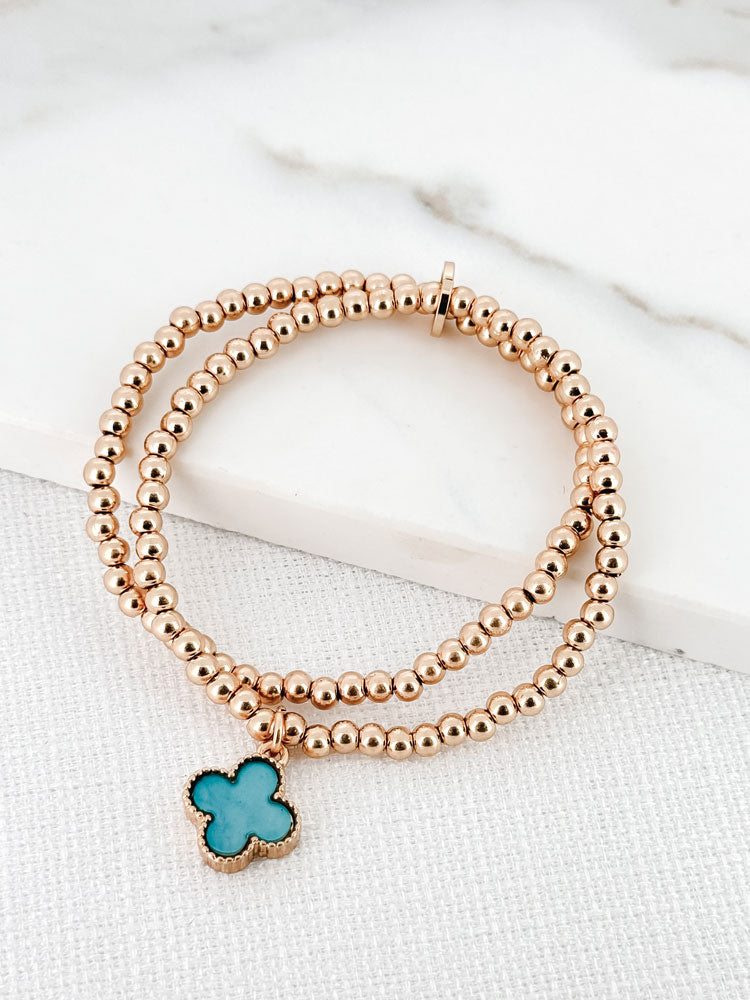 Envy Double-Layer Beaded Gold Bracelet with Teal Clover