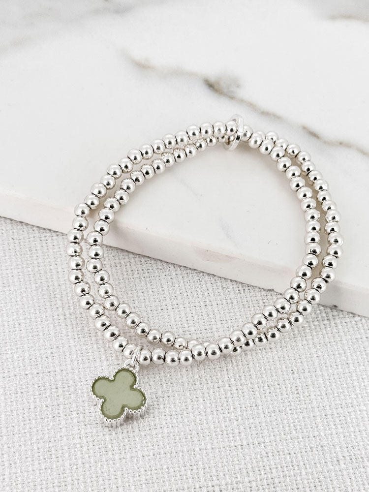 Envy Double-Layer Silver Beaded Bracelet with Pale Green Clover