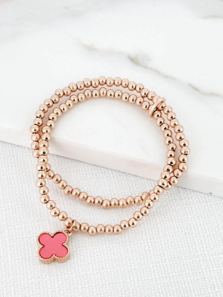 Envy Double-Layer Gold Beaded Bracelet with Pink Clover
