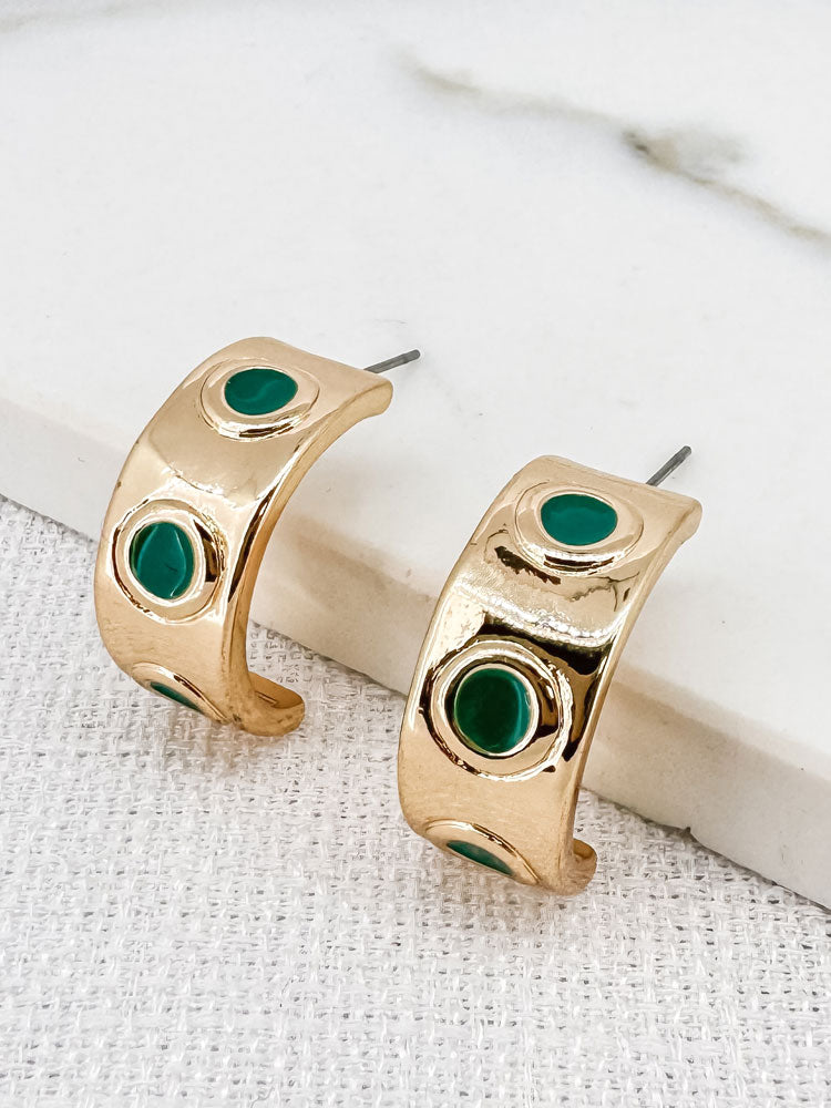 Envy Gold Hoop Earrings with Green Dots