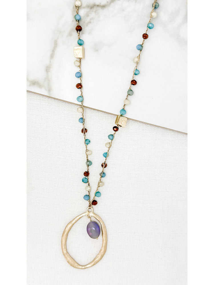 Envy Long Silver Gold Necklace with Multicoloured Beads and Circle Pendant