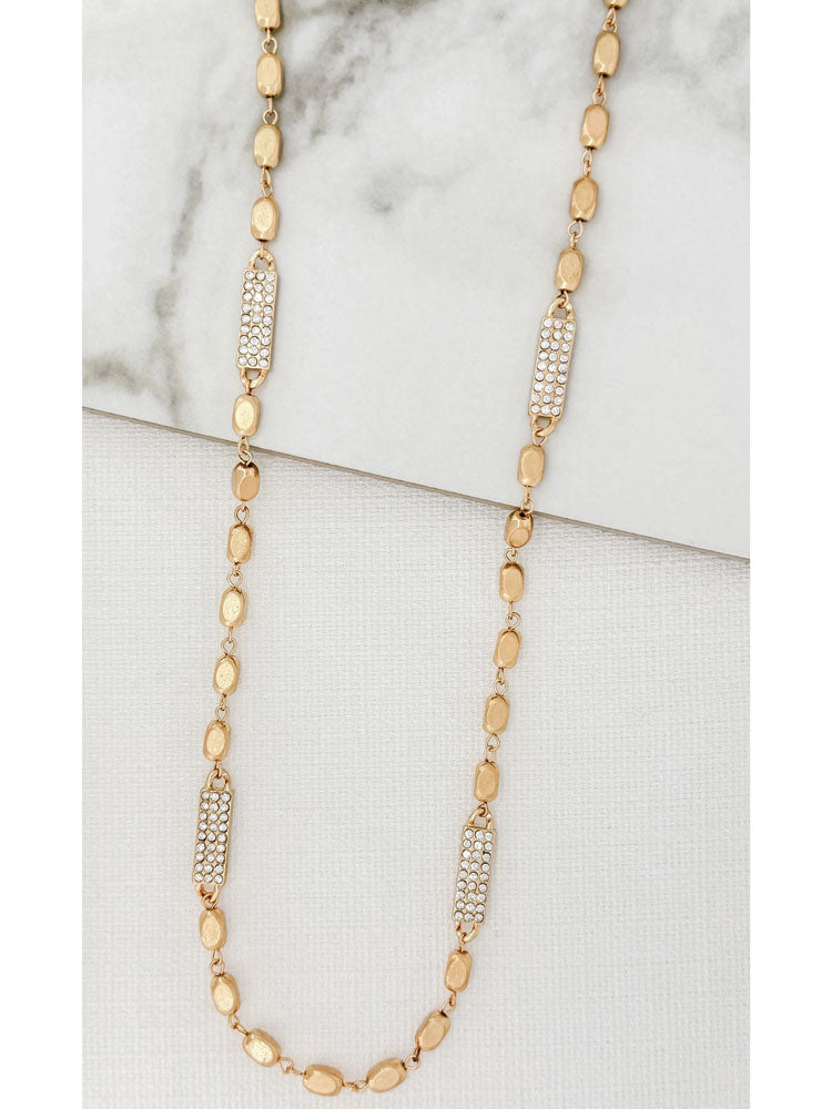 Envy Long Gold Necklace with Rectangular Beads and Diamante Rectangle Detail