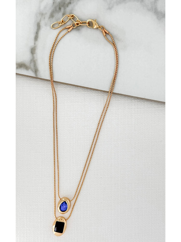 Envy Short Two Chain Gold Necklace with Oval &amp; Coloured Glass Pendants