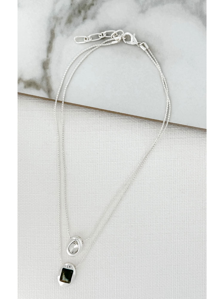 Envy Short Two Chain Silver Necklace with Oval &amp; Coloured Glass Pendants