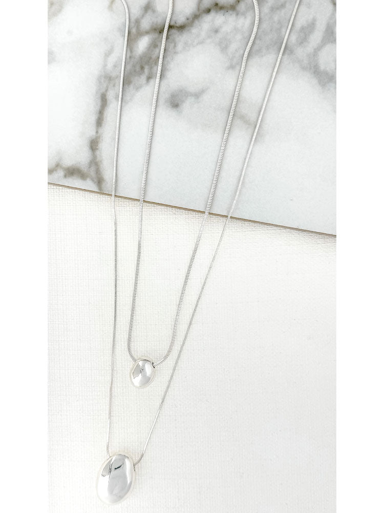 Envy Long Two Chain Silver Necklace with Oval Pendants