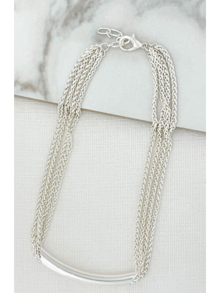 Envy Short Silver Multi Chain Necklace with Off Centre Silver Tube Detail