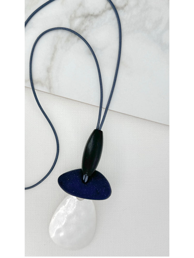 Envy Long Black Adjustable Cord Necklace with Large Stone and Silver Pendants