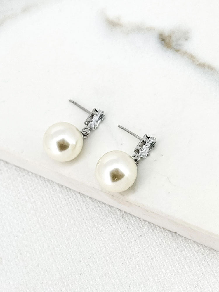 Envy Silver Crystal Drop Earrings with Faux Pearl