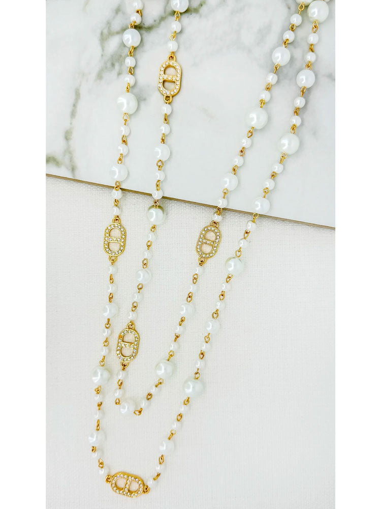 Envy Long Pearl &amp; Diamante Necklace Gold