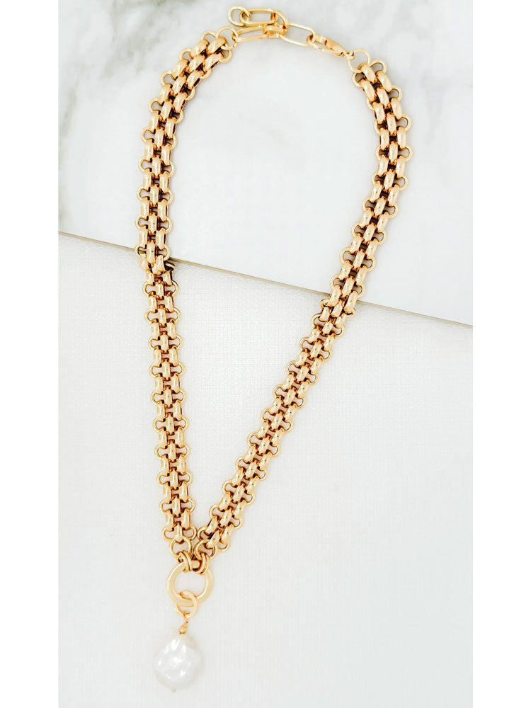 Envy Chunky Chain Necklace with Pearl Pendant Gold